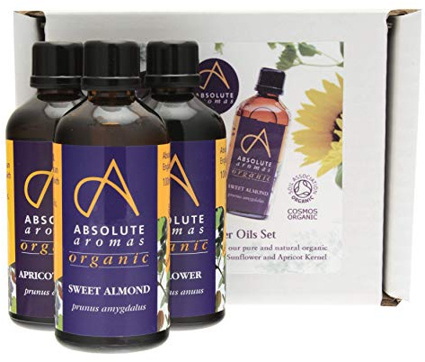 Absolute Aromas Organic Carrier Oils Set with Sweet Almond, Sunflower and Apricot Kernel 3 x 100ml in Glass Bottles