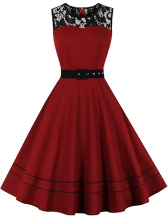AXOE Femme Robe Années 50 Ligne A Dentelle et Ceinture | Coton, Tissu Légèrement Extensible, Rockabilly, Tailles du 38 au 50 pour Mariage, Baptême, Soirée, Bureau et Tenue de Saison