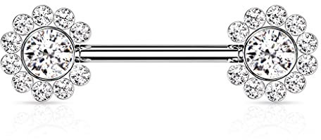 Paula & Fritz® Push-In Piercing Brustwarze Blume Silber Zirkonia Klar Chirurgenstahl 316L Kugel 1,6-mm Stab-Dicke Nipple Gewindelos Straight Barbell