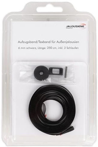 Reparatur-Set für Außenjalousien – Aufzugsband 6 × 0,33 mm (Schwarz 250cm) inkl. Texbandhalter & Endgummi – UV-beständig & wetterfest – Ersatzband für Jalousie & Raffstore – kompatibel mit Warema