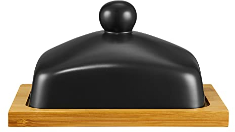 AMBITION Butterdose Porzellan Butterschale mit Deckel Schwarze Glocke Bambusbrett Natural Kollektion