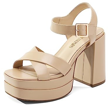 DREAM PAIRS Women's Platform Chunky Heels Square Open Toe Ankle Strap High Heeled Sandals Y2K Shoes for Party Brunch,Size 6,Nude,SDHS2330W