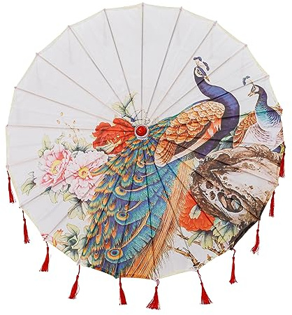 THY COLLECTIBLES Classic Chinese Art Asian Style 33 Silk Parasol Umbrella with Tassels for Wedding Parties, Photography, Costumes, Cosplay, Decoration And Other Events (White with Peacock)