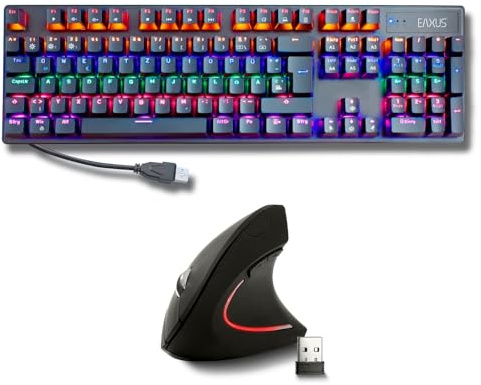 Eaxus® USB Tastatur und Maus Set - Mechanische Gaming Tastatur LED Gaming Keyboard mit Blue Switches + Ergonon Vertikale Maus kabellos