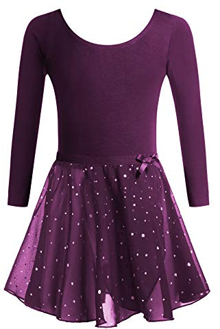 Arshiner Barnbalettkläder 3–11 år flicka, tvådelad balettklänning, kortärmad balettdräkt, glitter, dansklänning, bomull, baletttröja med chiffongkjol, tutu, Lila långärmad, 3-4 År