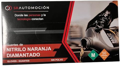 SR AUTOMOCIÓN Guantes nitrilo diamantados sin polvo, guantes de nitrilo super resistentes, guantes diamantados color naranja (350, M)