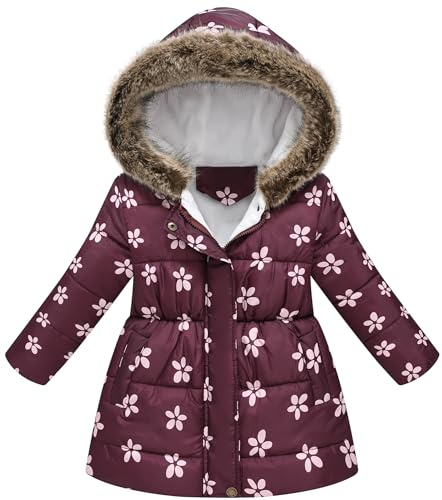 Maeau Veste d'hiver pour filles en duvet avec capuche en fausse fourrure, parka longue, manteau gonflant chaud, imperméable, matelassé', violet, 7-8 ans
