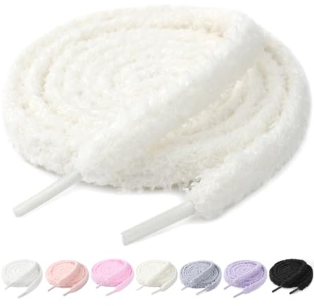Stepace Lacets fluffy 10mm pour baskets, lacets chaussures plats en peluche, lacets larges moumoute Blanc cassé 120cm