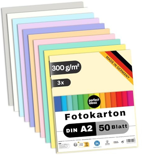 perfect ideaz • 50 hojas de cartón fotográfico DIN A2, 10 colores, cartón reciclado estable de 300 g/m², fabricado en Alemania, certificado Blauer Engel