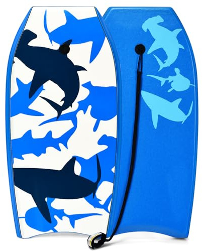 HOMASIS Bodyboard mit Halteleine, Rutschfestes Schwimmbrett aus XPE & HDPE, Surfbrett mit Hai-Aufdruck, Surfboard Schwimmboard tragbar für Kinder & Erwachsene, Blau
