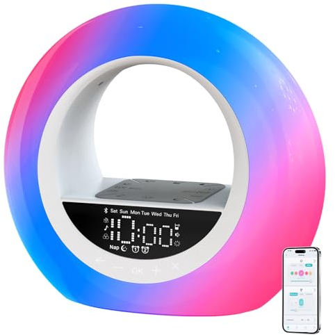Kruilan Tageslichtwecker, App-Steuerung, Bluetooth Lautsprecher, Sonnenaufgang & Sonnenuntergang Simulation, FM Radio, 7 Naturgeräusche, 2 Wecker, Snooze, 16 Farboptionen (Farbe)
