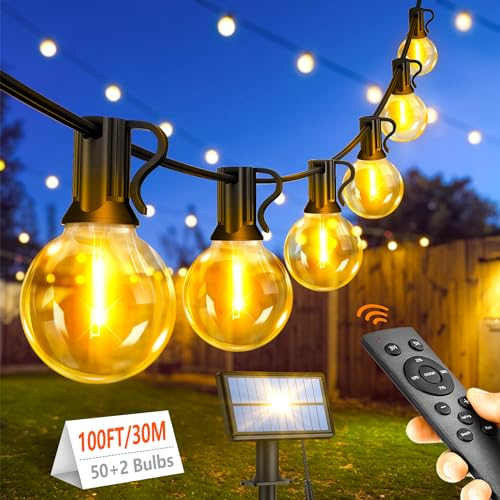 Light-Brightly 30M Solar Lichterkette Außen Strom: 50+2 LED Glühbirnen Outdoor Lichterketten Wetterfest Dimmbar Warmweiß Retro Lights Aussen Dekoration für Halloween Hochzeit Party Pavillon Balkon