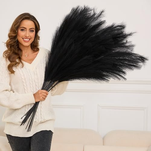 Qubitful Faux Pampas Grass Tall, 9 PCS 43''/ 110 cm Large Black Pampas Grass Decor, Fake Pompas Branches, Long Feathers for Floor Vase, Boho Flower Arrangement for Home Wedding Decor (Black)