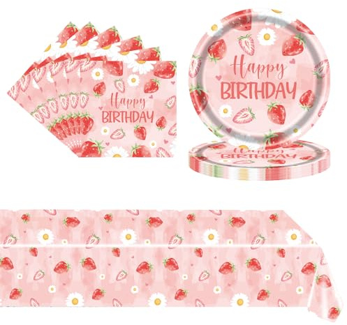 POPOYU 37 Pièces Vaisselle de Fraise en Papier,16 x Assiettes en Papier,20 x Serviettes,Nappe,Ensemble de Vaisselle pour Fournitures de Fête à La Fraise pour Bébé Fille Sweet One