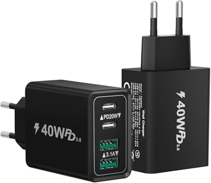 [2 Pack] USB C Ladegerät, 40W 4-Port USB C Stecker Schnellladegerät, USBC Power Adapter Mehrfach Ladegerät USB Netzteil Ladestecker für iPhone 15 14 13 12 11 Pro Max SE XS XR, Samsung, Handy Charger