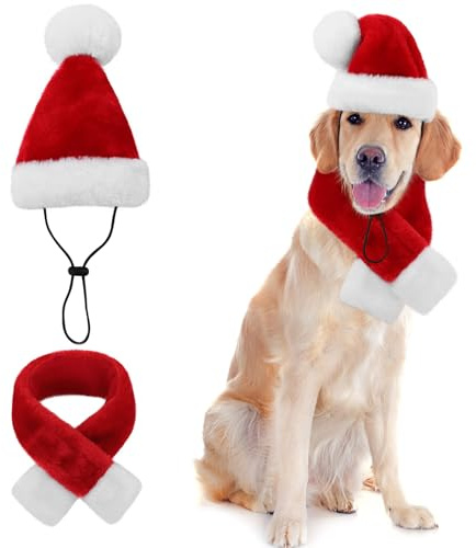 KONVINIT Weihnachtsmütze Hund Groß Mit Schal, Nikolausmütze, Santa Mütze, Dog Christmas Costume, Hunde Geschenke Weihnachten, Rot Size L