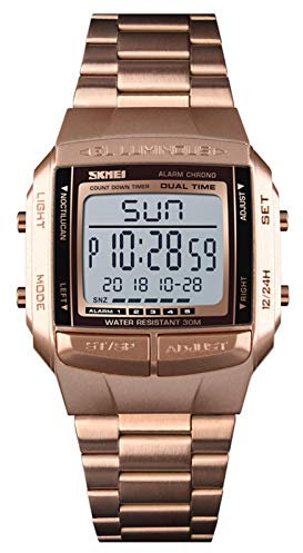 HFWXYSA Uomo Digitale Orologio LED Elettronico Doppio Tempo Acciaio Inossidabile Cinturino Outdoor Multifunzione Allarme Cronometro Orologi da Polso,Rose Gold