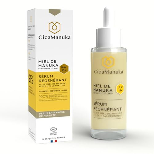 CICAMANUKA – Sérum visage régénérant 5% de miel de Manuka IAA15+ et acide hyaluronique – Hydrate, Redensifie, Lisse – Peaux en manque de fermeté, sèches et sensibles - Flacon 30ml