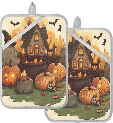 Nander 2PCS Potholders Halloween Hut Heat Resistant Pot Holder Set Oven Hot Pads with Pockets Non Slip Grip Large Potholders for Kitchen Cooking Baking Barbecue