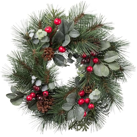 CREATIV green künstlicher Tannen-Mix-Kranz 48cm I Weihnachtskranz mit künstlichem Tannengrün, Eukalyptus, roten Beeren & echten Zapfen I Weihnachtskranz I Adventskranz künstlich I Türschmuck