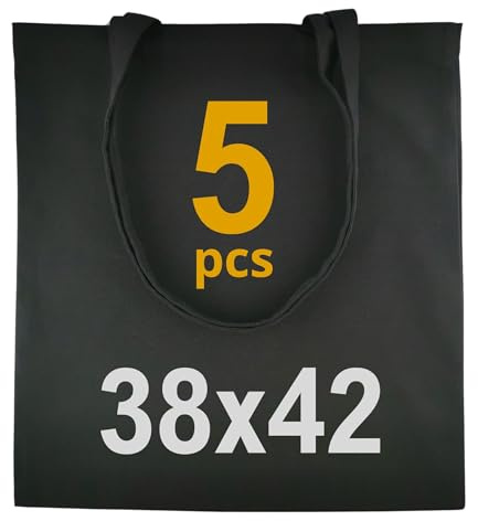 IDEA HOME-5 stycken bomullspåsar 38 x 42 cm – 220 g – jutepåse stor – tygpåse utan tryck, personlig anpassning möjlig – brodering eller målning – tygväska med två långa handtag – svart