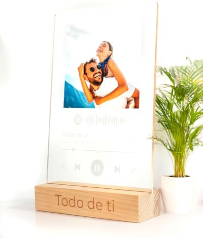 mubusi Cuadro Spotify Personalizado - Color Blanco 21x30cm - Placa de Metacrilato con Base de Madera - Regalos Originales - Placa con Foto y Canción Personalizada