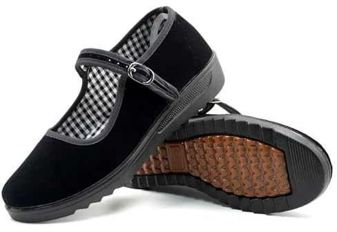 AioTio Zapatos Mary Jane de terciopelo para mujer, zapatos de tela Old Beijing, zapatos de baile con ajuste ajustable, Cuadros Negros, 35.5 EU