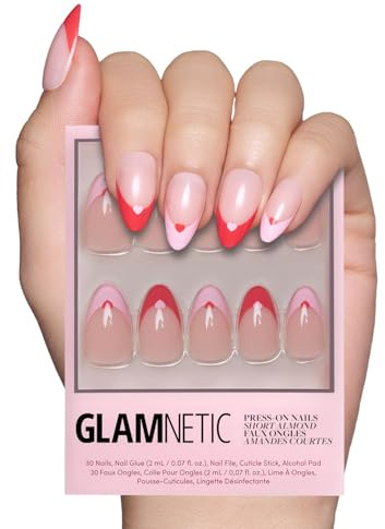 Glamnetic Press On Nails - Pure Hearted | Glossy, Semi-Transparent Short Almond with Heart Accents, Salon Quality Valentine’s Nails | 15 Sizes - 30 Nail Kit with Glue