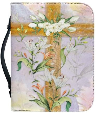 Ceudet Housse de bible à imprimé floral pour homme et femme en cuir synthétique avec poignée - Taille M, Croix fleur de lys rose, xx-large