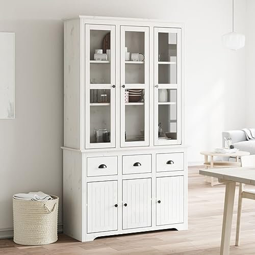 Xichuzi Highboard BODO Weiß 115,5x43x200,5 cm Massivholz Kiefer, Sideboard Wohnzimmer, Bücherschrank, Wohnzimmerschrank, Hochschrank, Wohnschrank, Buffetschrank, Vorratsschrank