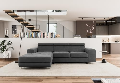 COMFORTINO FURNITURE Ecksofa mit Schlaffunktion NOTA L-Form, Sofa Couch mit Bettkasten, Eckcouch, Schlafsofa für Wohnzimmer, Big Sofa Couch mit Schlaffunktion (Dunkelgrau, Ottomane Links)