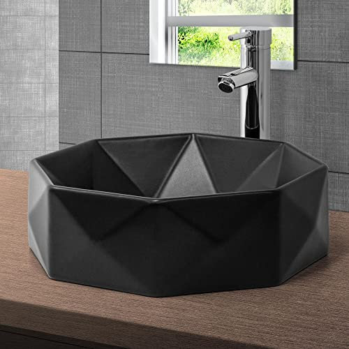 LuxeBath Waschbecken Keramik Ø 420 x 135 mm, Schwarz matt, Aufsatzbecken, Modernes Design in Diamantform, Aufsatzwaschbecken für Badezimmer/Gäste-WC, Waschtisch Waschschale Waschplatz Handwaschbecken