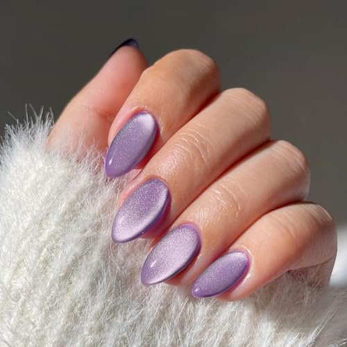 KQueenest Cat Eye Press on Nails Short Almond, Glazed Glitter Lilac False Nails Short Stiletto, Shiny Bling Acrylic Fake Nails Set Sparkly Stick on Nail for Women Wedding Finger Decoration 30 Pcs