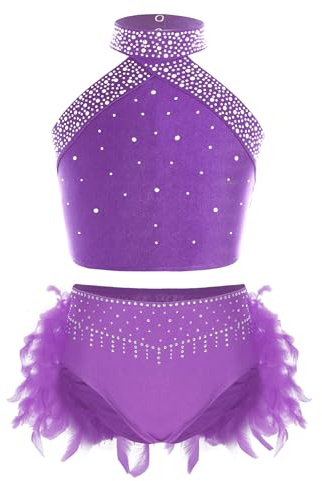 Freebily Vestito da Balletto Ballo Latino Americano Bambina Abito da Ballo Lirico Contemporaneo Crop Top + Gonna con Piume Vestito da Pattinaggio Artistico Body Ginnastica Viola 13-14 Anni