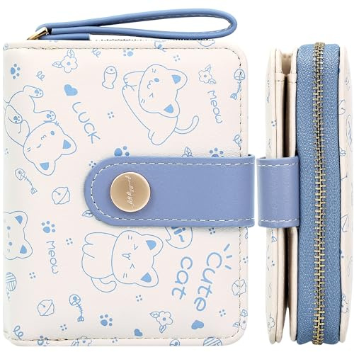 Farcauo Portemonnaie Damen Geldbeutel Frauen Geldbörsen Klein Damen Portemonnaie Mini Geldbörse Blau Katze Klein Portemonnaie für Frauen Klein Damen Portmonee mit Ausweisfach und Kartenhüllen