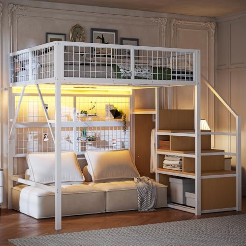 Eisenbett, Etagenbett, Hochbett 140*200, Geeignet für Kinder und Jugendliche Vielseitiges,Metall-Hochbett mit APP-gesteuerten L-E-D-Lichtleisten Treppe mit Stauraum, offenem Kleiderschrank Weiß
