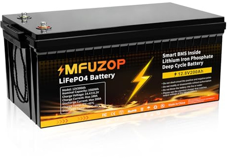 MFUZOP Batería Litio 12V 200Ah, BMS 200A Integrado, Potencia Máxima de Salida 2560W, 15000+Cycles, Soporte de Potencia en Conexión Serie/Paralelo, Solar, RV, Off-Grid(12V200AH*1Pcs)