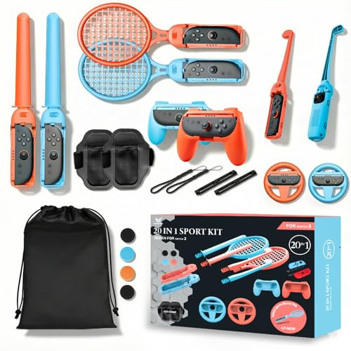 Switch Sports Accessories,20 in 1 Switch 2 Sports Bundle with Storage Bag for More Than 12+ Switch Sports Games Experience, Family Accessories Kit with Golf Clubs,Tennis Rackets,Sword Grips