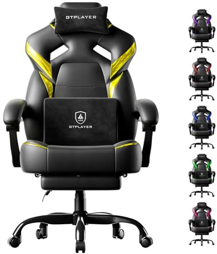 GTPLAYER Big and Tall Gaming Chair for Adults, Ergonomic Office Chair with Footrest, Heavy Duty 350 lbs Capacity, High Back, Premium Leather & Iridescent Trim, ACE-Armor, Yellow (Iridescent)
