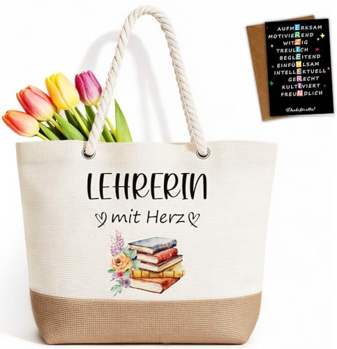 TUZELIYA Lehrerin Geschenk Tasche - Faltbare Wasserdicht Einkaufstasche mit Dankeskarten, Dankeschön Geschenk Abschiedsgeschenk für lehrerin