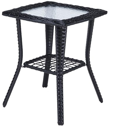 Mesa auxiliar de mimbre negra para exteriores con parte superior de cristal, mesa auxiliar de ratán resistente a la intemperie para patio, jardín, bistró, elegante y mesa auxiliar