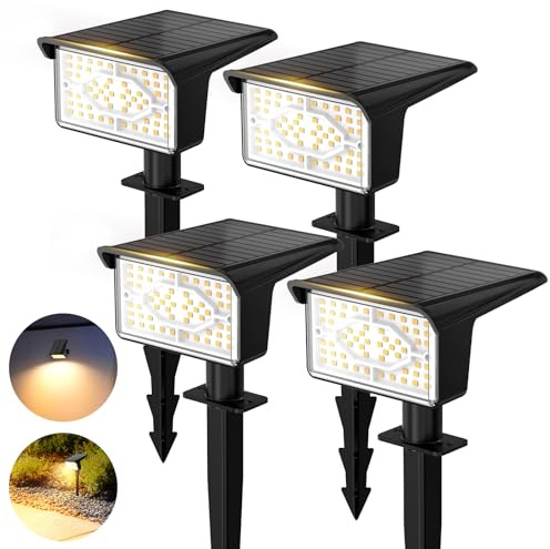 ICRGB Proyector Solar para Exterior Jardín 60 LEDs, 3000K Blanco Cálido, IP67 Impermeable, 3 Modos, Luz Solar Dusk to Dawn para Patio, Árboles, Camino, Plantas – 4 Pack