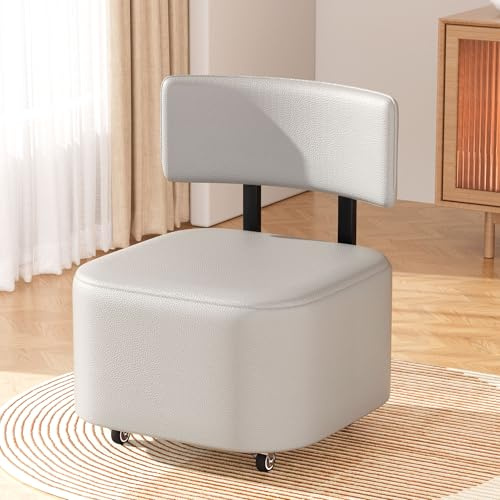 Rollstuhl PU-Leder Niedriger Rollhocker, Kleiner Hocker Mit Rollen Und Rückenlehne, Rollhocker Trittleiter, Bequemer Sitz Mit Lederpolster Wechselbank Für Den Flur, Flexible Bewegung (Grau) (Grau)
