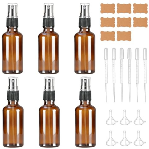 Vexnaro Bote Spray, Pulverizador Cristal Ambar 50ml, Reutilizables y Recargables, Botellas de Vidrio Vacías con Atomizador, para Aceites Esenciales, Perfumes, 6 Piezas con Embudo y Etiquetas (50m)