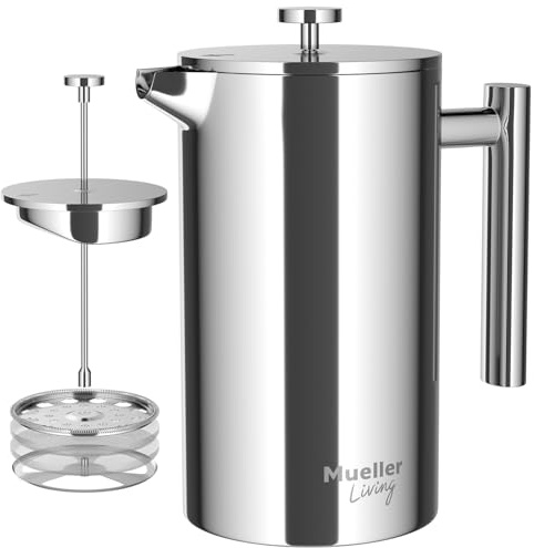 MuellerLiving French Press Coffee Maker 34oz, Stainless Steel | 34oz | Stainless Steel | 4 Filter Heat Resistant Double Insulated | Rust-Free | Food Grade | Dishwasher Safe Coffee Pot