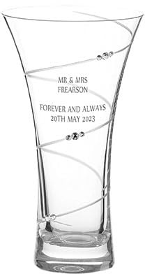 Personalised Glass Vase, 21.5cm Tall, Waisted or Hollow-Sided Shape, Single Spiral Cut Design, Hand-finished With 3 Clusters of Diamante Crystals, Engraved Custom Text, Gift Boxed