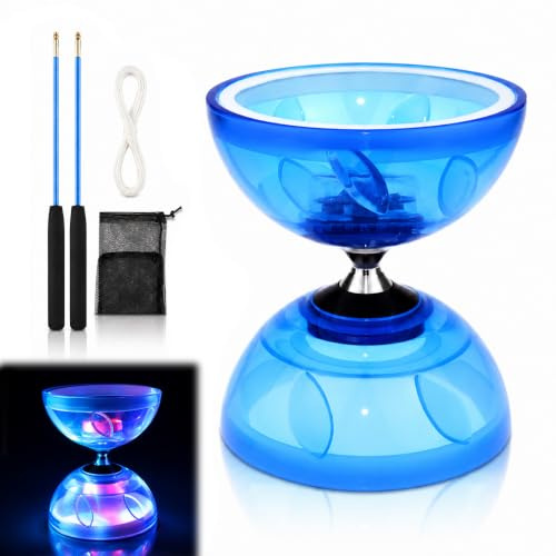 Wxeadu Triple Bearing Diabolo Set, LED Diabolo With Ball Bearings, DiaboloToy With 10m Rope, 2 Pole and Net Bag, Diablo Toy, Yo Yo Toy, Diabolo Juggling Set, Diablo JugglingToy, CircusToys(Blue)