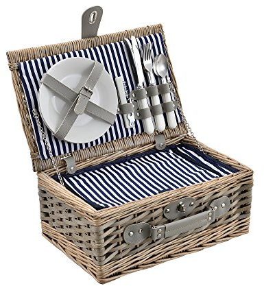 casa.pro Picknickkorb für 2 Personen Picknick-Set mit Kühltasche inkl. Geschirr Besteck Korkenzieher und Gläser Blau-Weiß