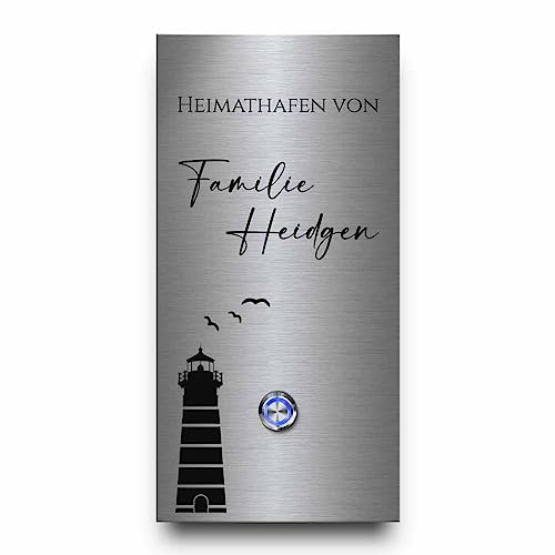 CHRISCK design - Edelstahl Türklingel mit Wunsch-Gravur und Motiv | Klingel Modell Heidgen 13x26 cm - Personalisierte Gravur