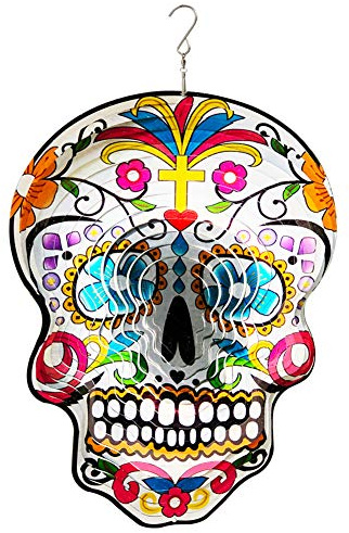 FONMY Kinetic 3D Metal Garden Wind Spinner Quality Hanging Ornament for Home and Garden 12inch Mandala Silver Sugar Skull Wind Spinners
